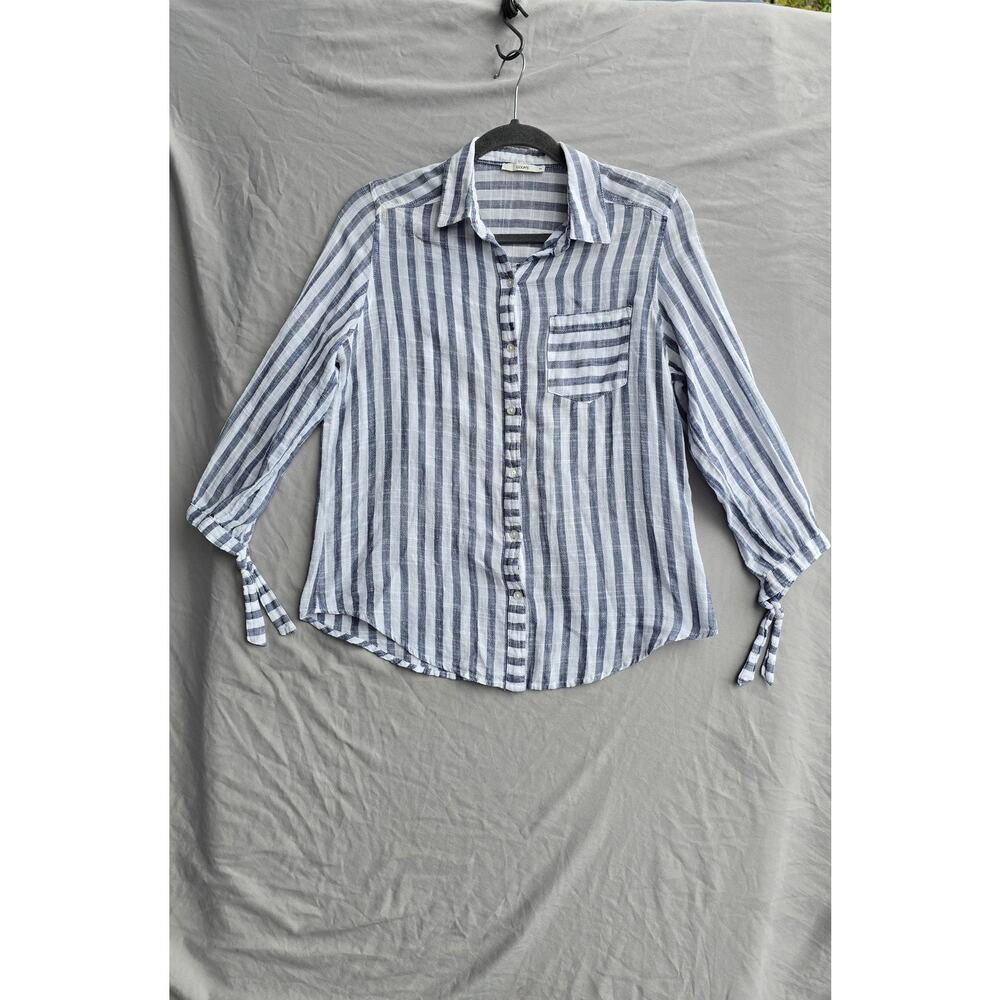 COLIN'S Button Up Shirt Womens Medium Blue Stripe 3/4 Sleeve Cotton Lightweight